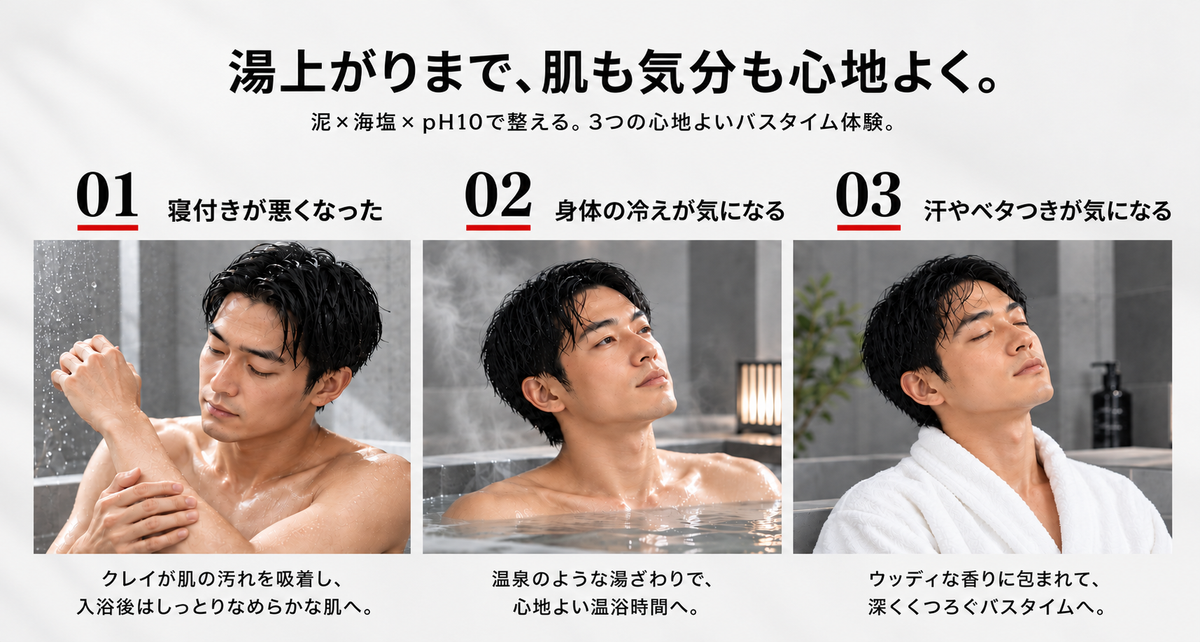 DOROSCRUB クレイバスソルト｜泥・海塩・pH10のアルカリ湯を使った入浴ケアと、男性の3つのバスタイムシーン